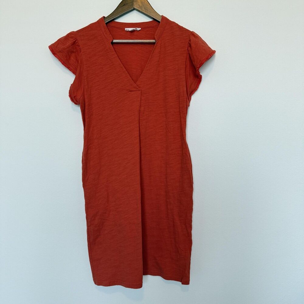 THML Dress Womens Small Rust Orange Flutter Sleeve V-Neck Slub Cotton Pockets